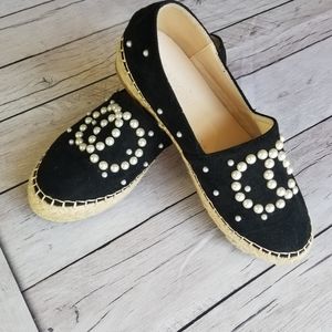 Langou black flat espadrilles with pearls